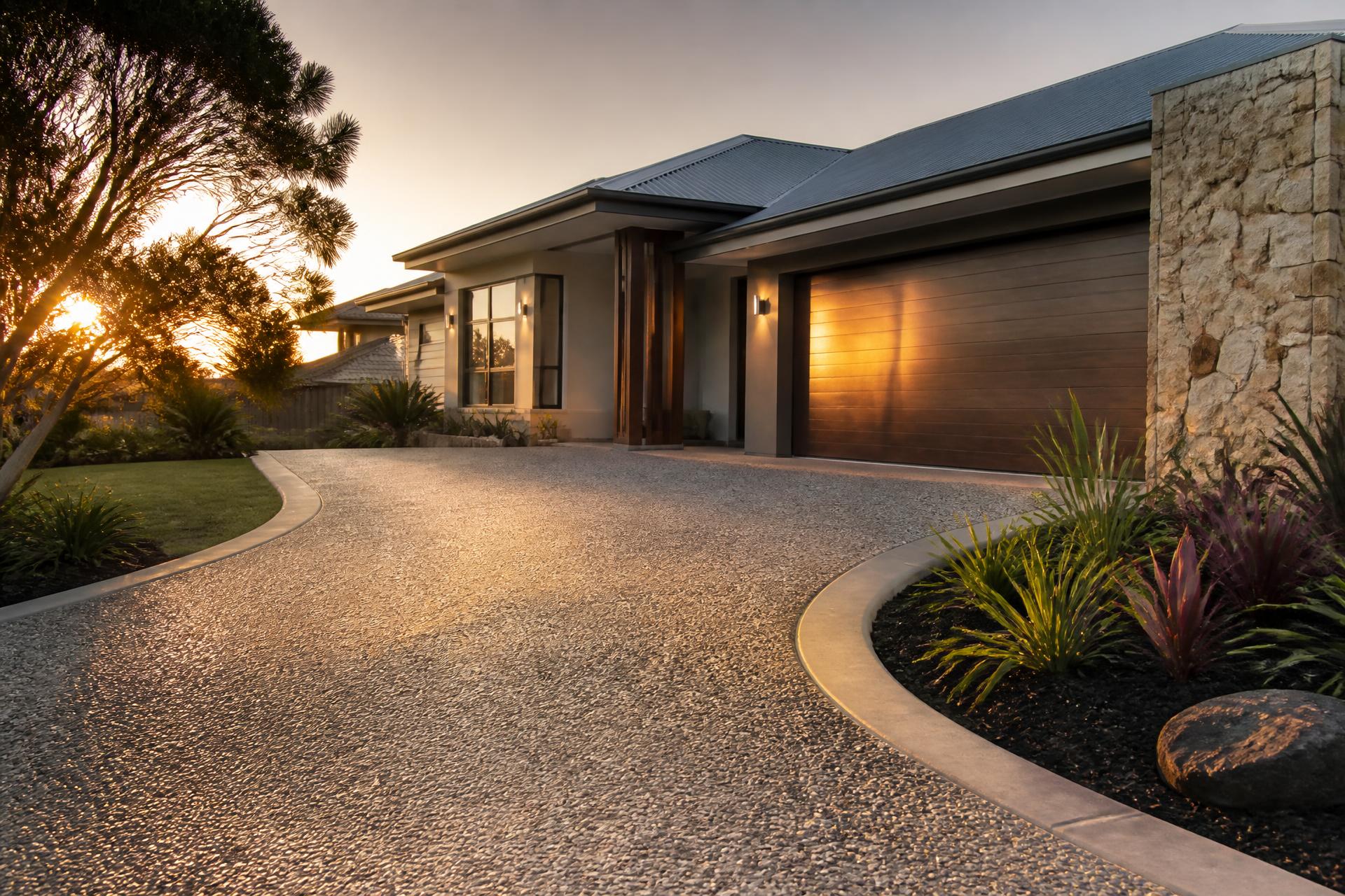 Freshly finished exposed aggregate driveway at a modern Geelong home